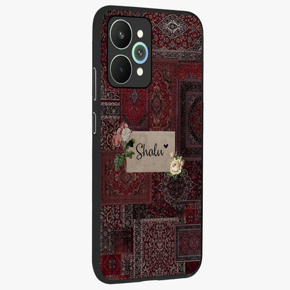 Velvet Wine Pattern Custom Name Glass Case upright view showcasing luxurious wine toned artwork with personalized aesthetic.