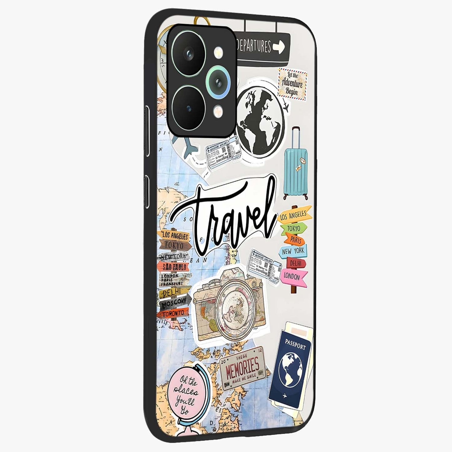Wanderlust Journal Glass Case upright view showcasing wanderlust inspired artwork with creative exploration theme.