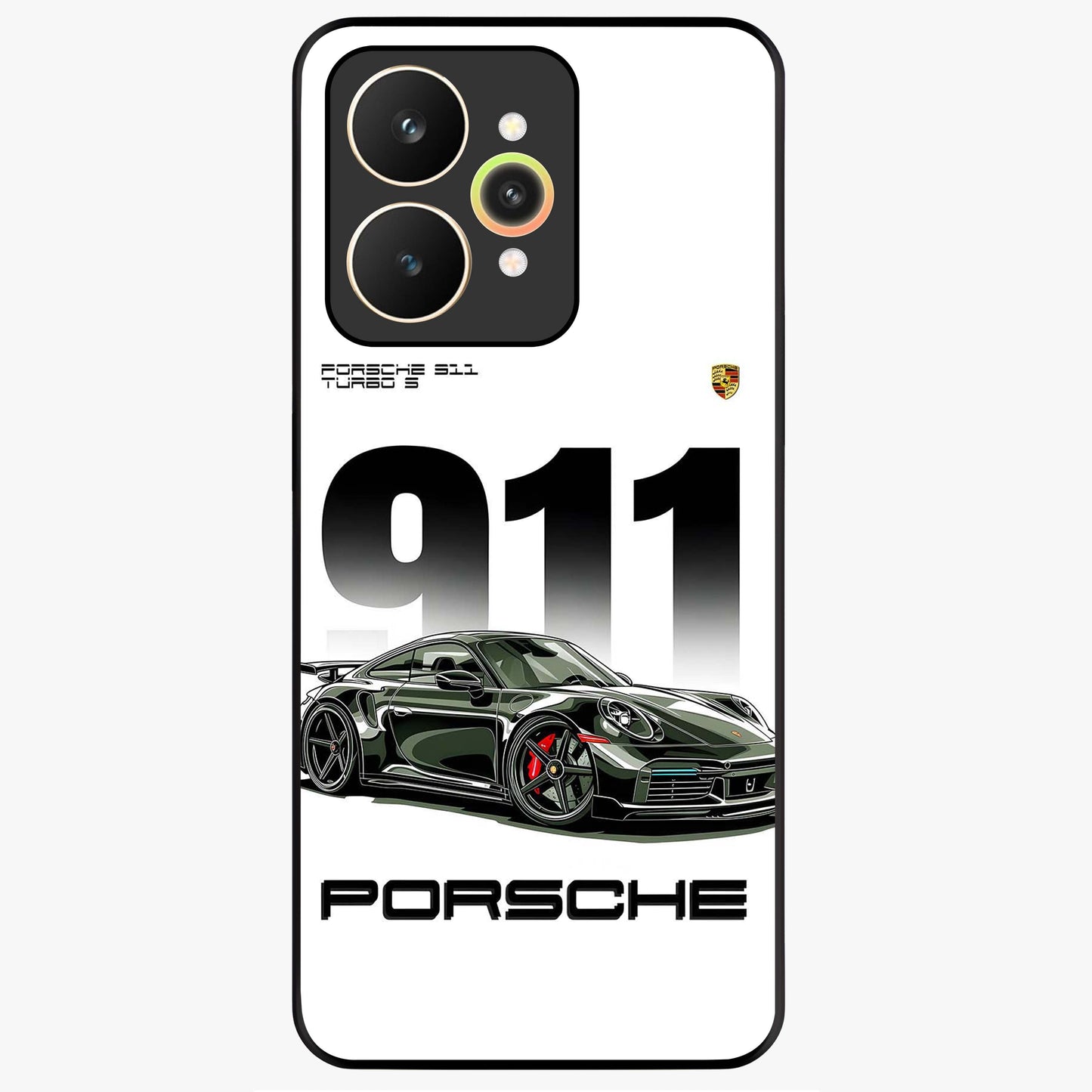 911 Turbo Dominance Glass Case showing clean flat back view with bold 911 sports car artwork and glossy glass finish.