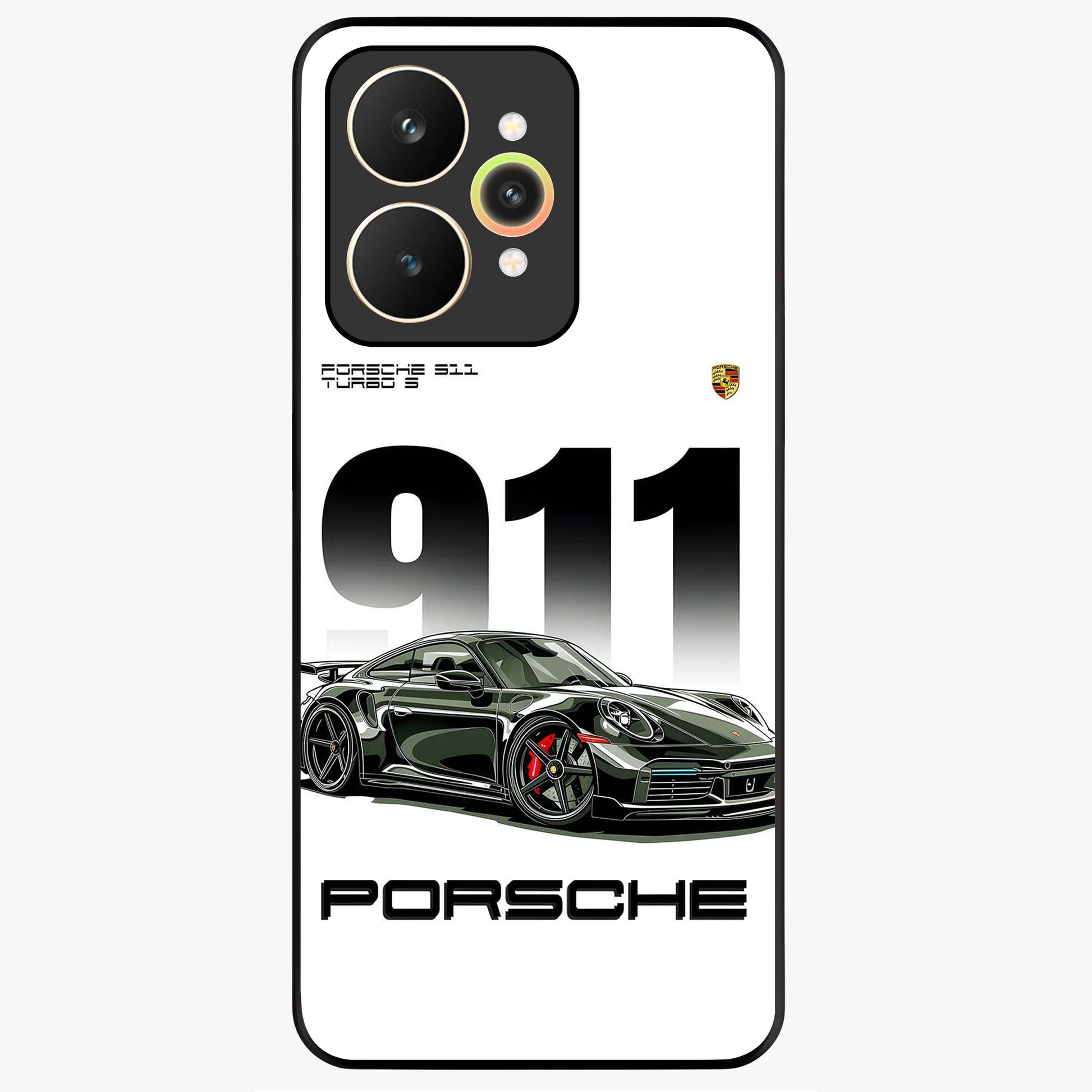 911 Turbo Dominance Glass Case showing clean flat back view with bold 911 sports car artwork and glossy glass finish.