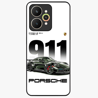 911 Turbo Dominance Glass Case showing clean flat back view with bold 911 sports car artwork and glossy glass finish.