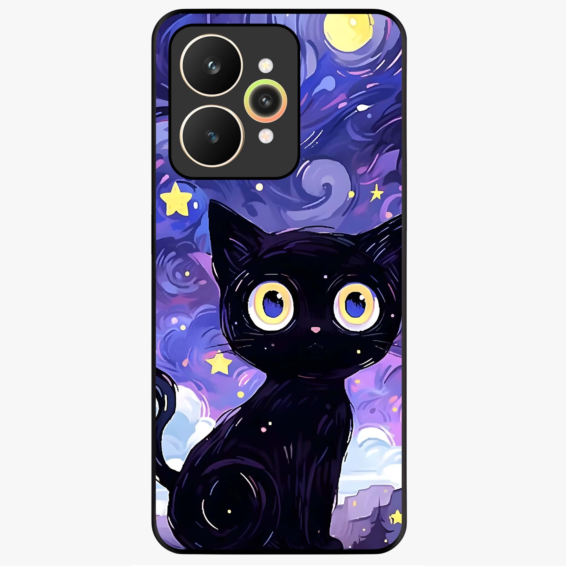 Abstract Cat Art Glass Case showing flat back view with artistic cat illustration and glossy glass finish.