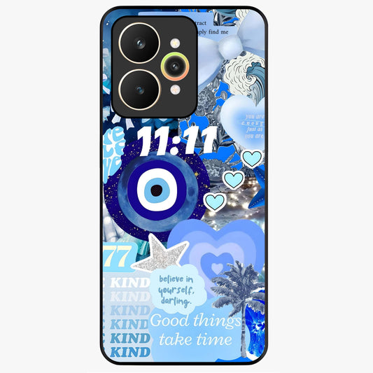 Aesthetic Be Kind Eye Glass Case showing flat back view with motivational eye artwork and glossy glass finish.