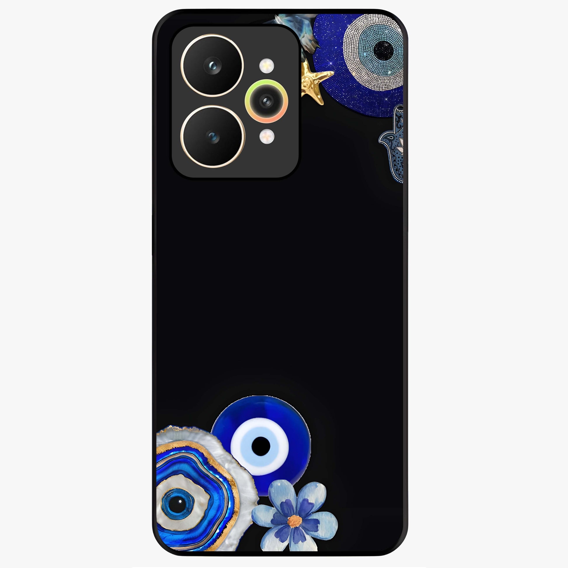 Aesthetic Blue Evil Eye Glass Case showing flat back view with protective evil eye artwork and glossy glass finish.