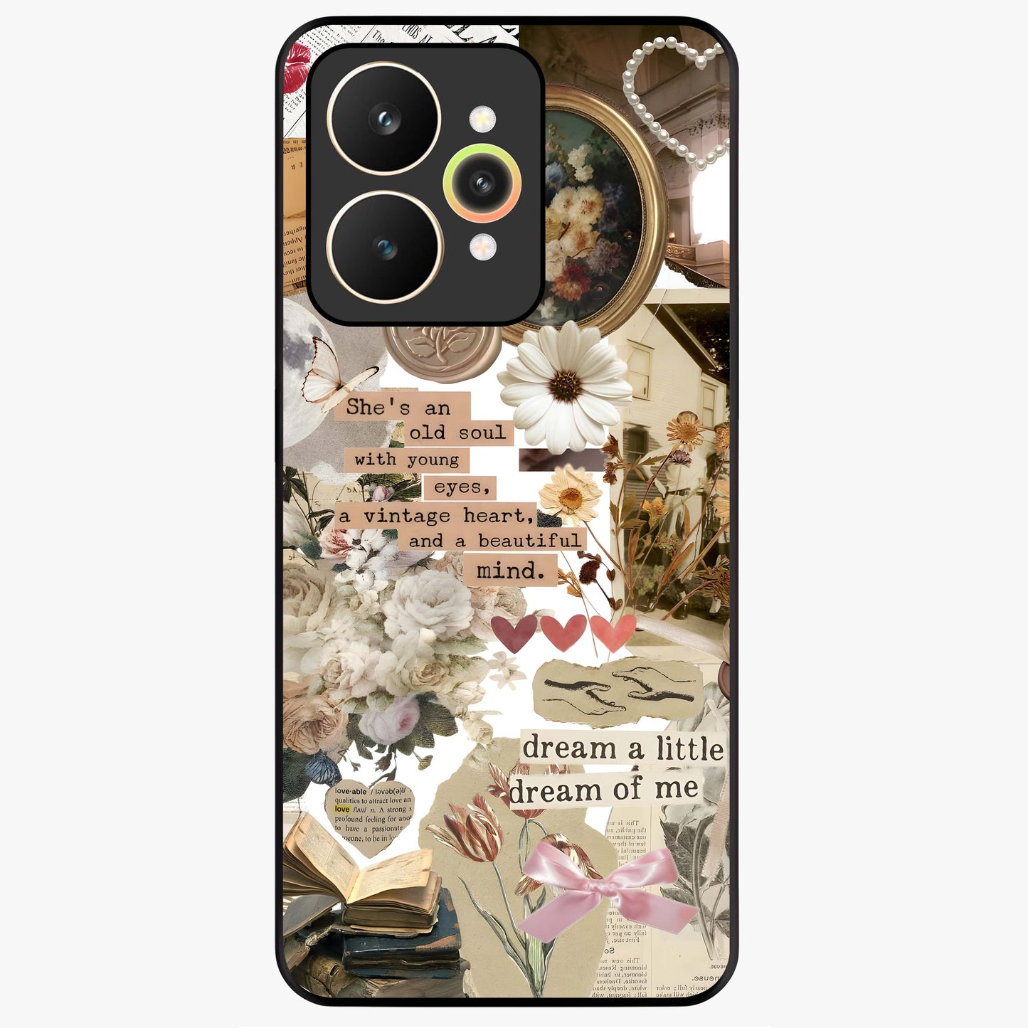Aesthetic Brown Vintage Collage Glass Case showing flat back view with retro collage artwork and glossy glass finish.