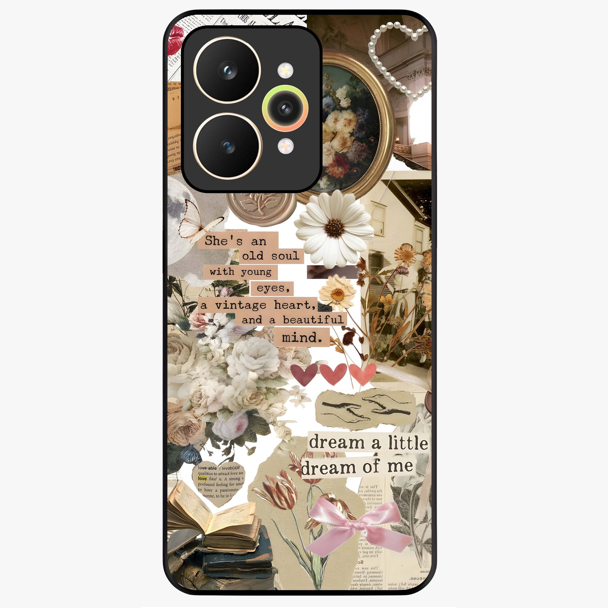 Aesthetic Brown Vintage Collage Glass Case showing flat back view with retro collage artwork and glossy glass finish.