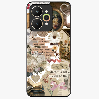 Aesthetic Brown Vintage Collage Glass Case showing flat back view with retro collage artwork and glossy glass finish.