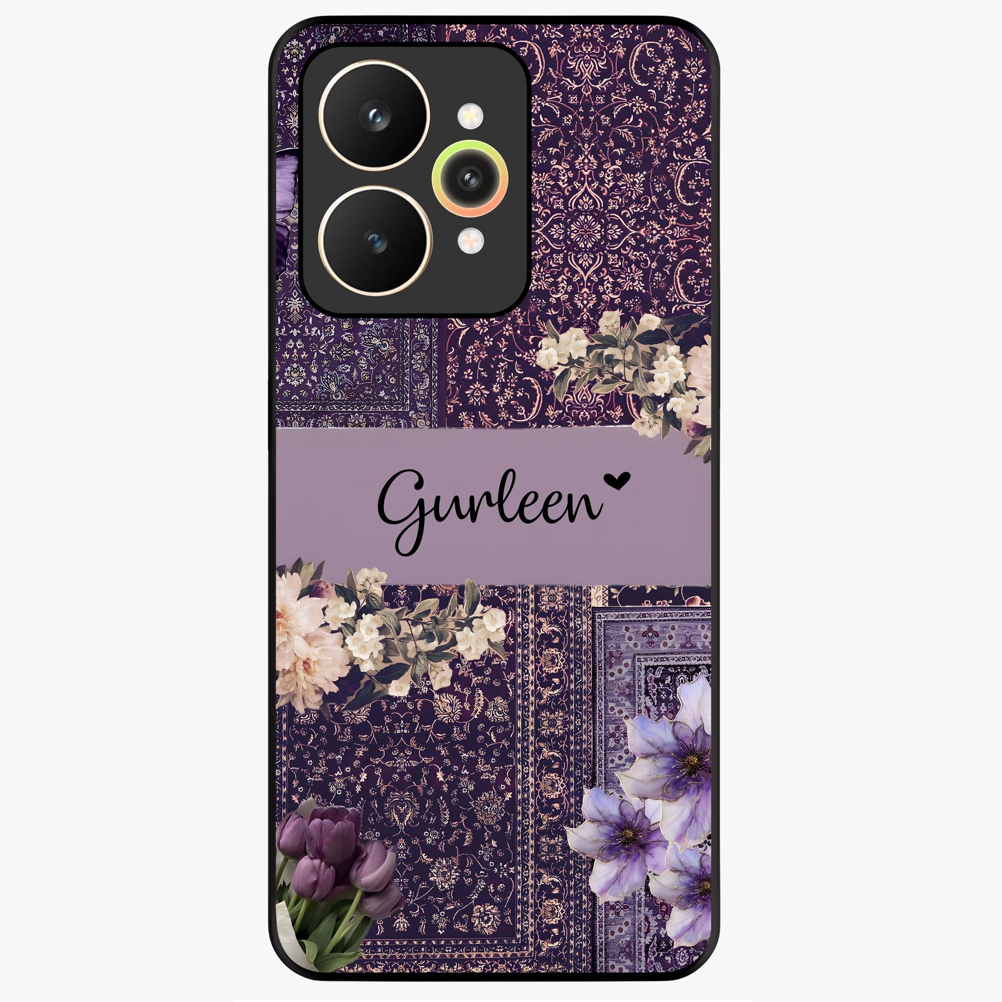 Antique Floral Whisper Custom Name Glass Case showing flat back view with vintage floral artwork and personalized name design.