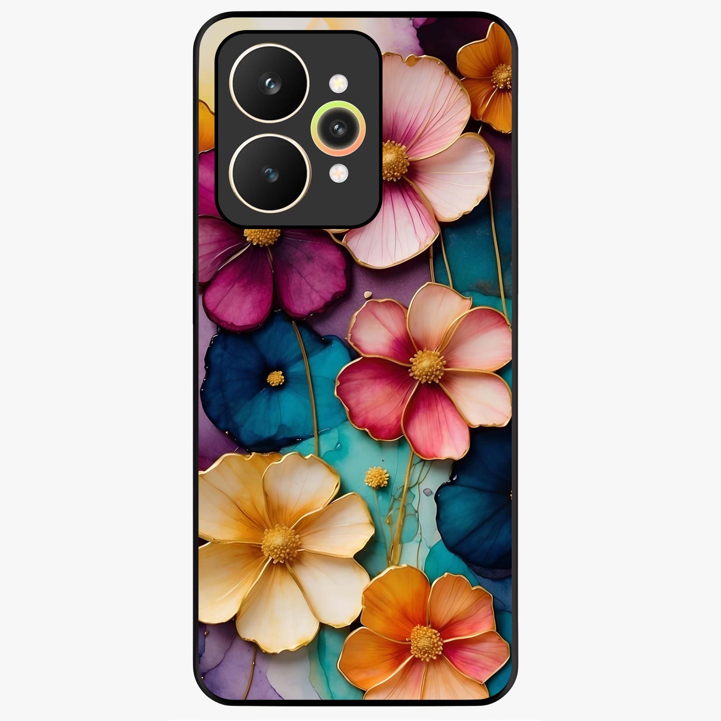 Artlyn Grace Flower Pattern Glass Case showing flat back view with elegant floral pattern artwork and glossy glass finish.