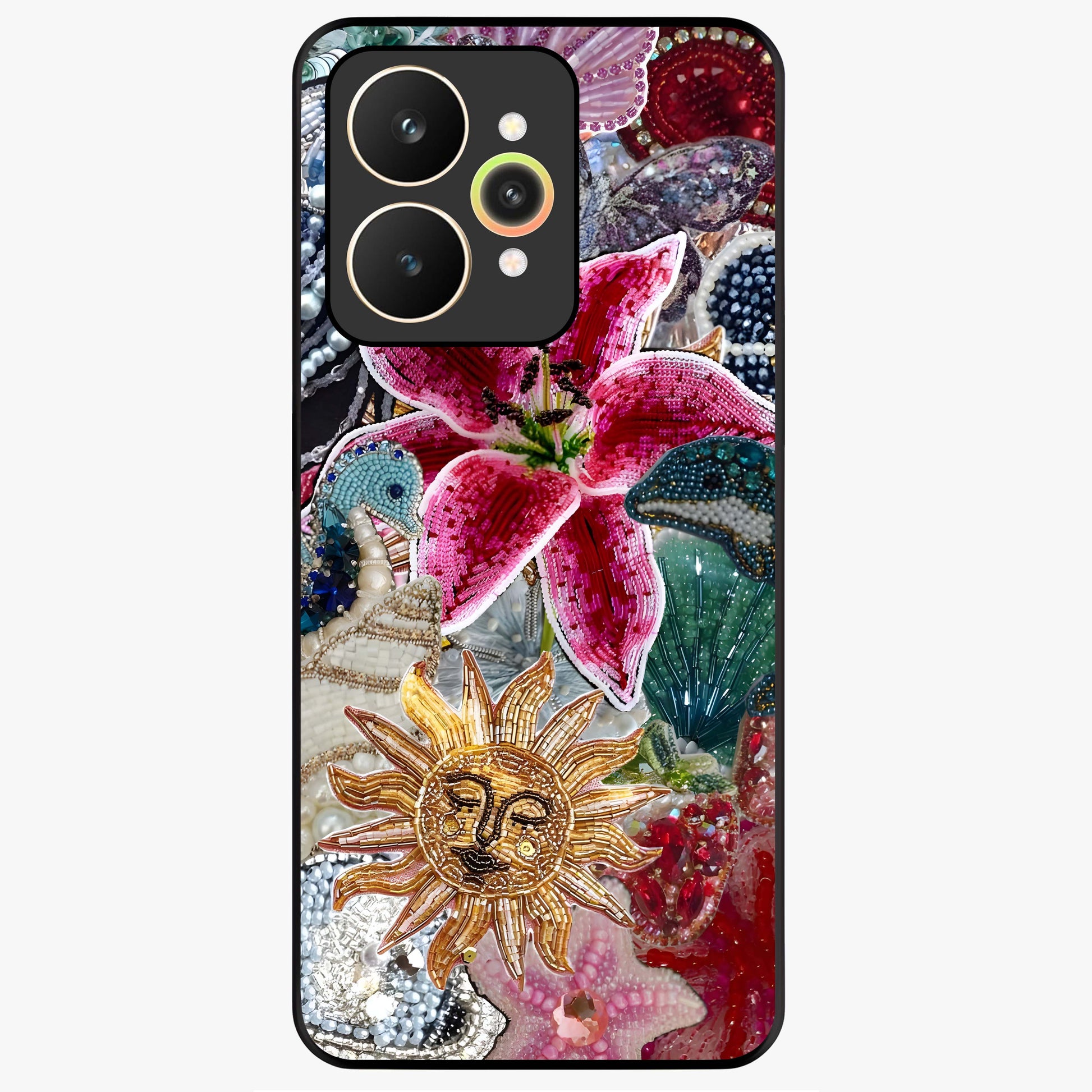 Beaded Garden Fantasy Glass Case showing flat back view with dreamy garden bead artwork and glossy glass finish.
