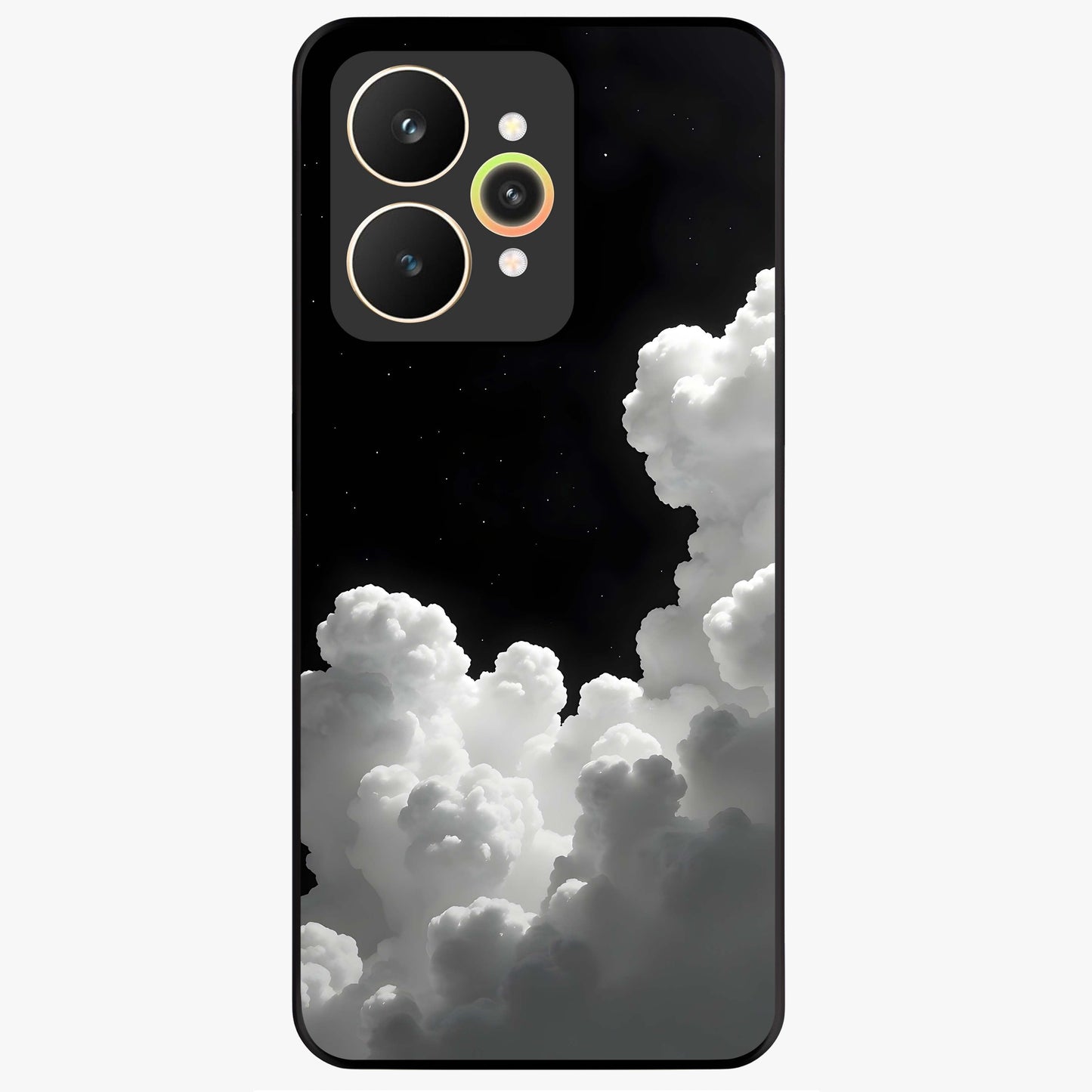 Black Background With White Cloud Glass Case showing flat back view with minimal cloud artwork on dark background and glossy glass finish.