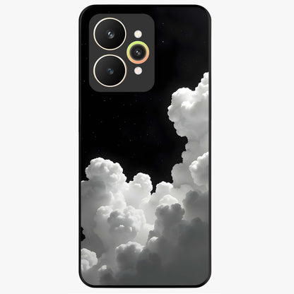 Black Background With White Cloud Glass Case showing flat back view with minimal cloud artwork on dark background and glossy glass finish.