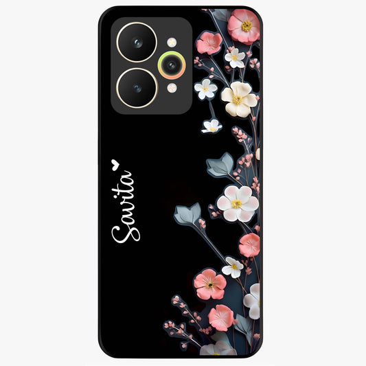 Black Elegance Floral Custom Name Glass Case showing flat back view with elegant floral artwork and personalized name design.