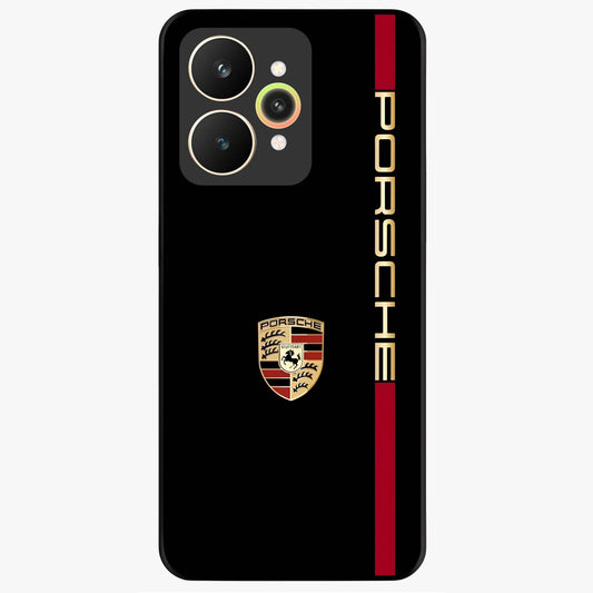 Black Minimal Porsche Glass Case showing flat back view with sleek minimal sports car artwork and glossy glass finish.