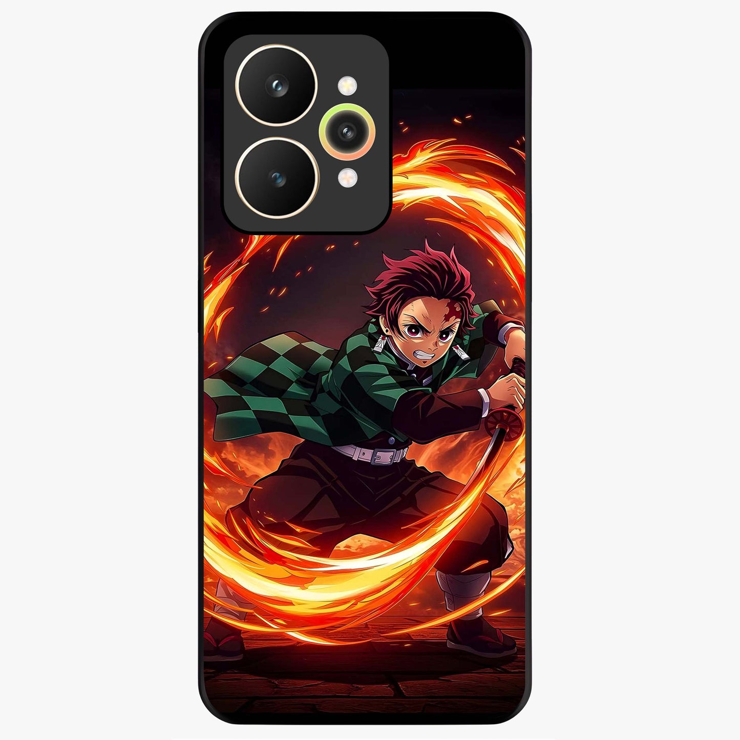 Blazing Sword Resolve Glass Case showing flat back view with fiery sword artwork and glossy glass finish.