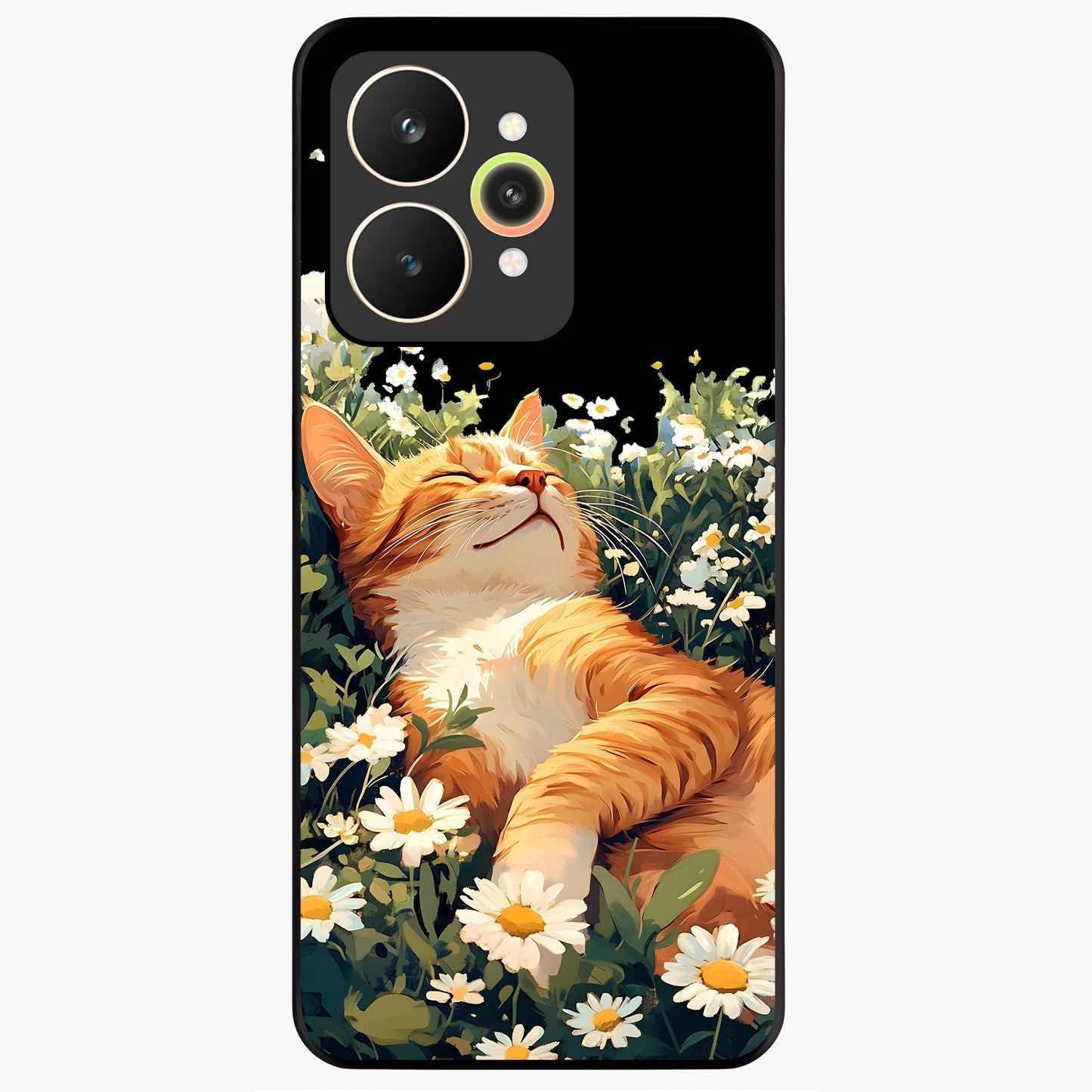 Blissful Bloom Cat Glass Case showing flat back view with cute cat and floral bloom artwork and glossy glass finish.