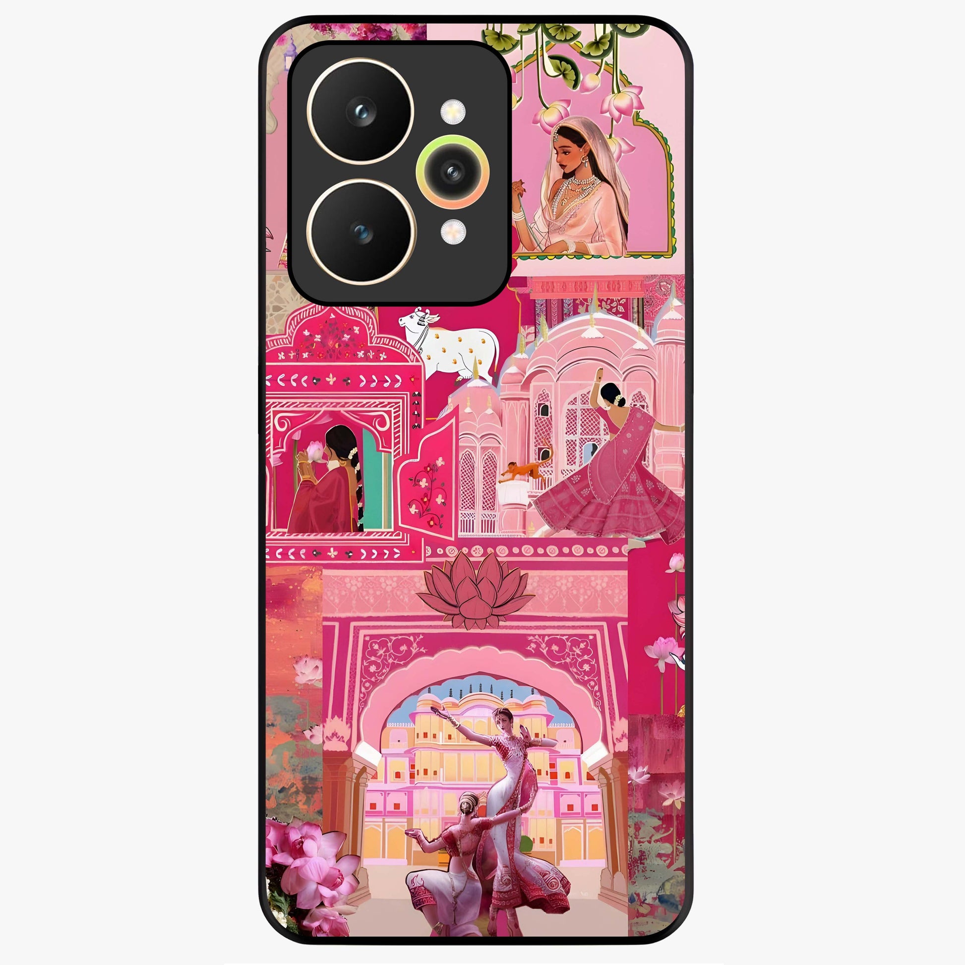 Blossoms of Rajasthan Glass Case showing flat back view with traditional floral artwork inspired by Rajasthan and glossy glass finish.