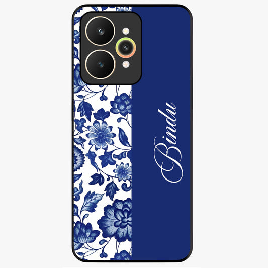 Blue Vintage Floral Pattern Glass Case upright view showcasing timeless floral illustration with vintage inspired style.