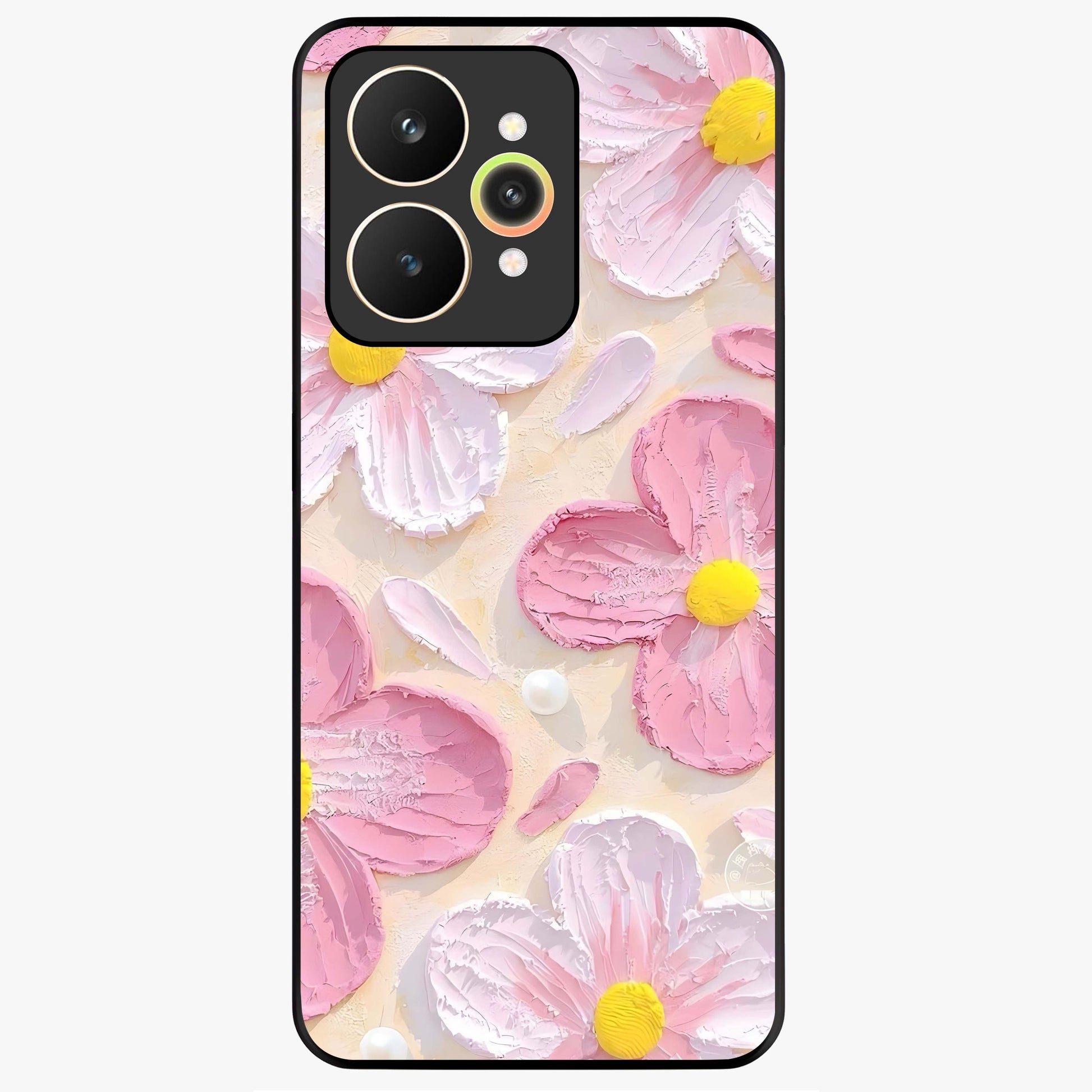 Blush Bloom Texture Glass Case showing flat back view with soft blush floral texture artwork and glossy glass finish.