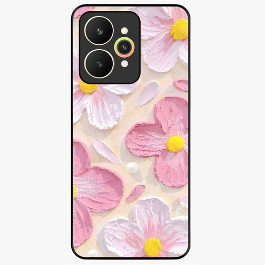 Blush Bloom Texture Glass Case showing flat back view with soft blush floral texture artwork and glossy glass finish.