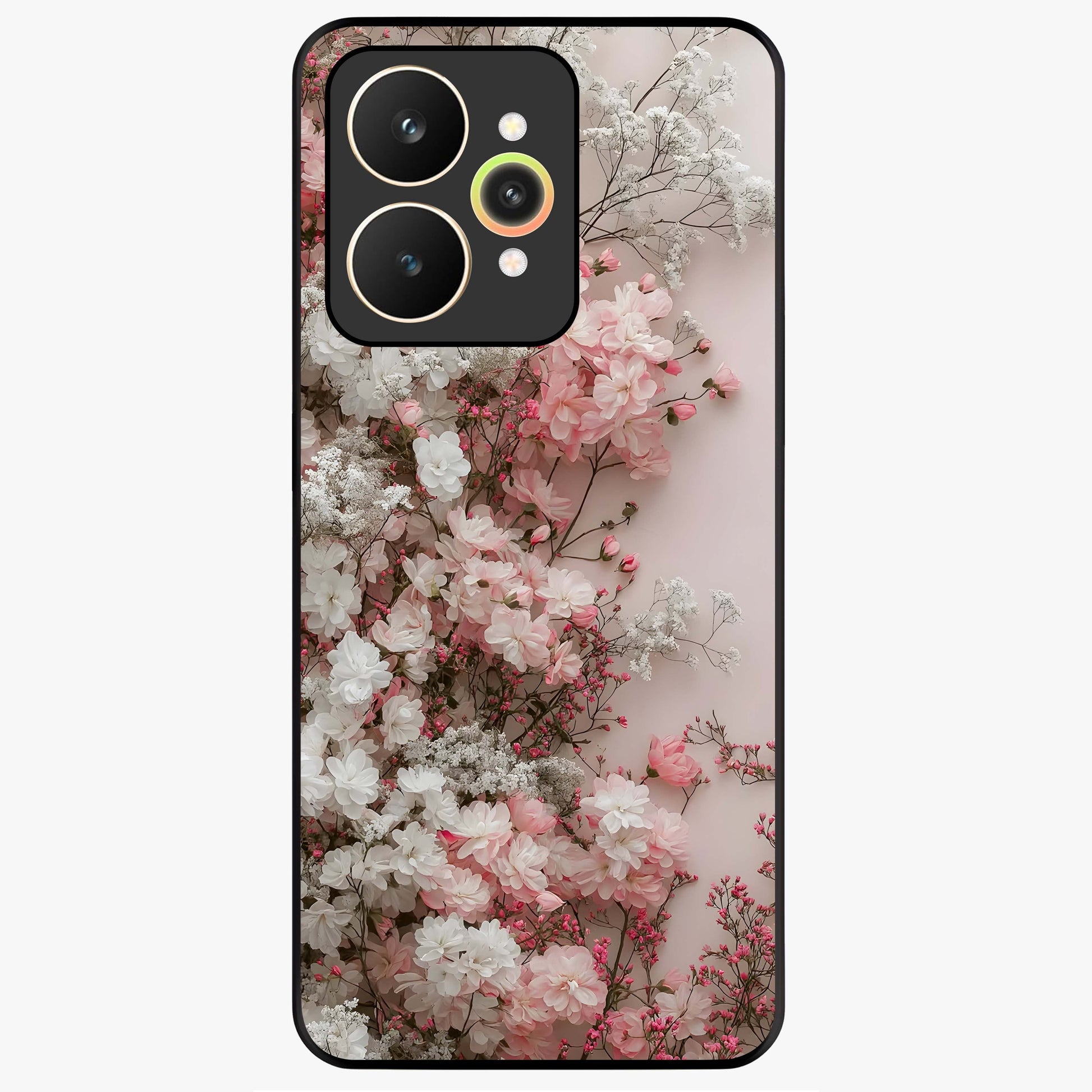 Blush Blossom Cloud Glass Case showing flat back view with dreamy blush cloud blossom artwork and glossy glass finish.