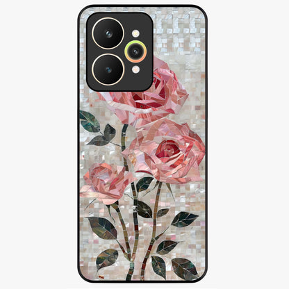 Blush Mosaic Bloom Glass Case showing flat back view with mosaic floral bloom artwork and glossy glass finish.