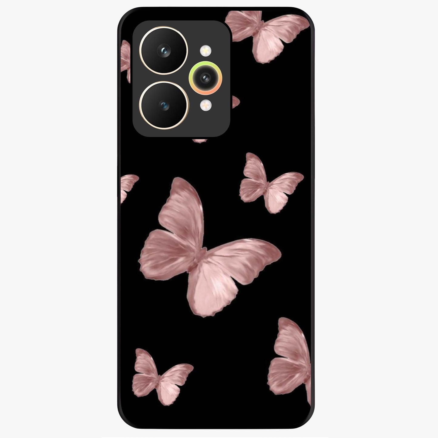 Butterfly Pattern Glass Case showing flat back view with elegant butterfly pattern artwork and glossy glass finish.