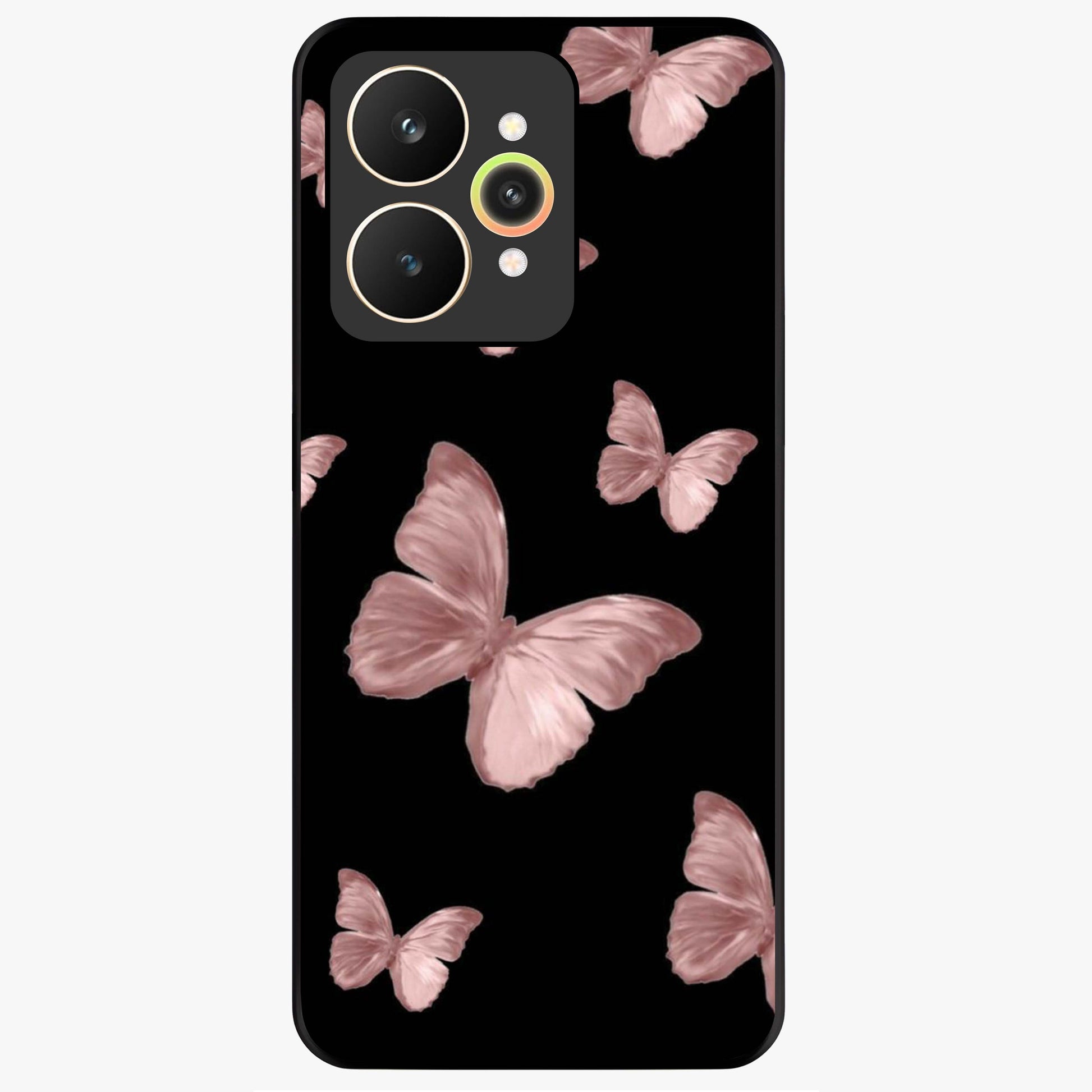Butterfly Pattern Glass Case showing flat back view with elegant butterfly pattern artwork and glossy glass finish.