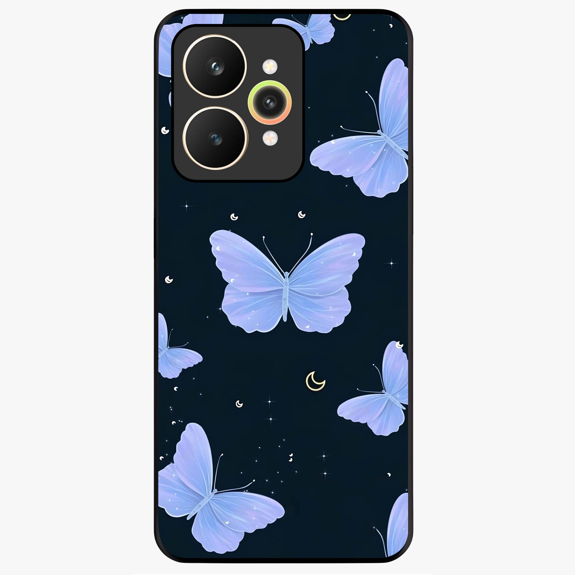 Butterfly With Stars Pattern Glass Case showing flat back view with butterfly and star pattern artwork and glossy glass finish.