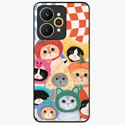 Cats in Fruits Glass Case showing flat back view with playful cat illustrations inside fruit artwork and glossy glass finish.