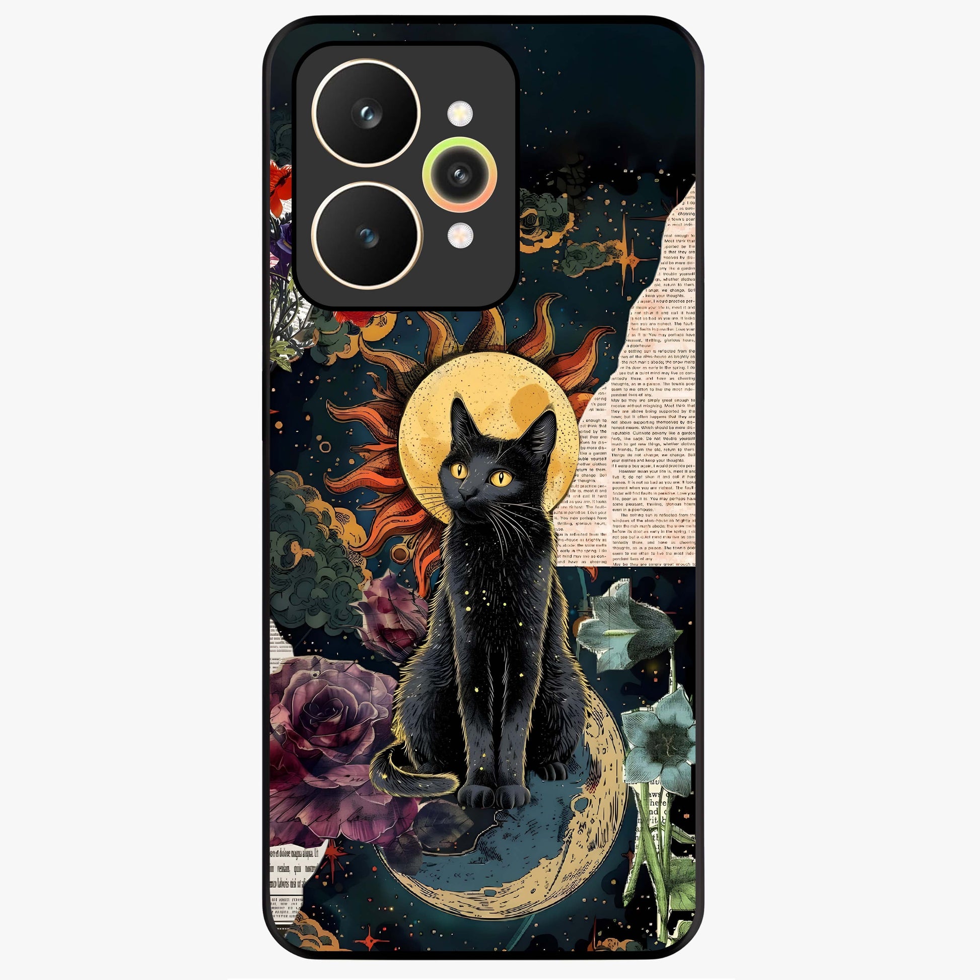 Celestial Black Cat Glass Case showing flat back view with mystical black cat artwork and glossy glass finish.