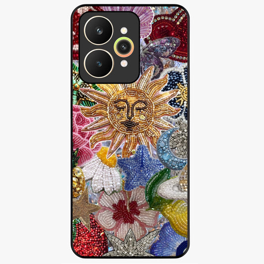 Celestial Floral and Playful Glass Case showing flat back view with floral and celestial themed artwork and glossy glass finish.