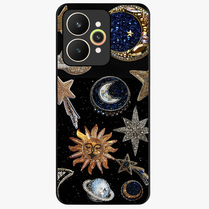 Celestial Gem Constellations Glass Case showing flat back view with sparkling constellation artwork and glossy glass finish.