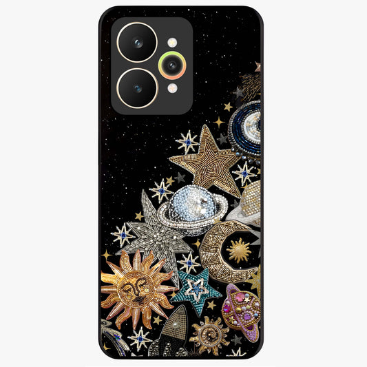 Cosmic Sparkle Dreams Glass Case showing flat back view with sparkling cosmic artwork and glossy glass finish.