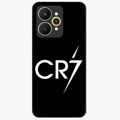 Cr7 Elite Strike Glass Case showing flat back view with dynamic football inspired artwork and glossy glass finish.