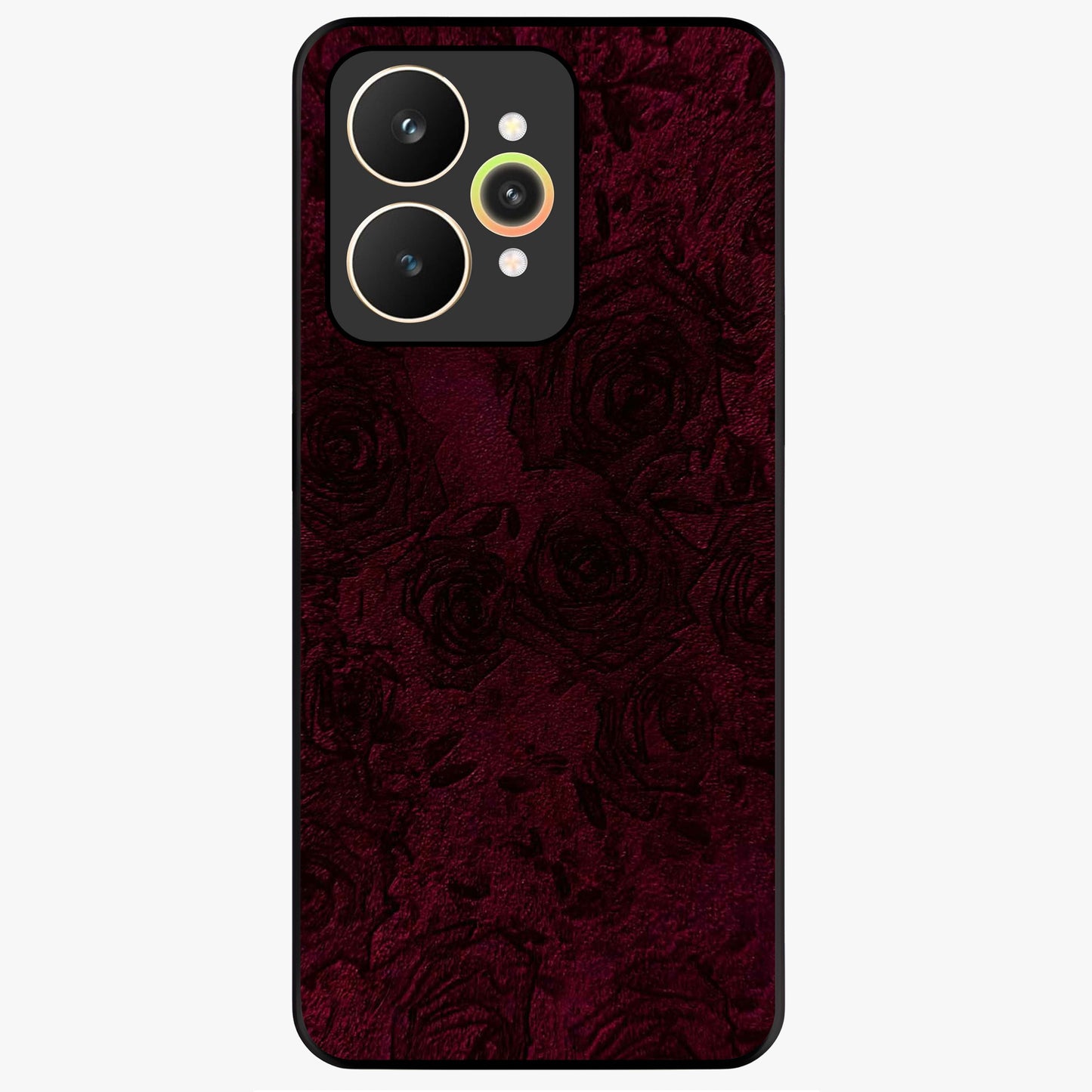 Crimson Fade Flow Glass Case showing flat back view with flowing crimson gradient artwork and glossy glass finish.