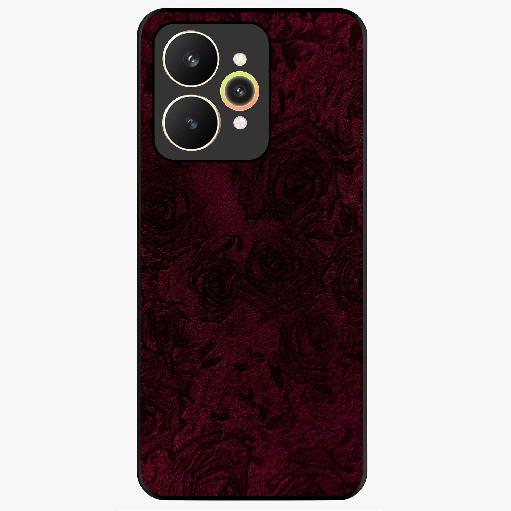 Crimson Fade Flow Glass Case showing flat back view with flowing crimson gradient artwork and glossy glass finish.
