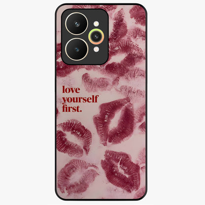 Crimson Kiss Love Glass Case showing flat back view with romantic crimson themed artwork and glossy glass finish.