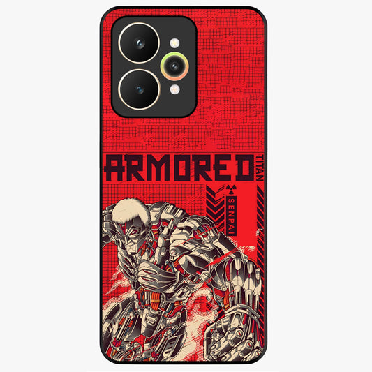 Crimson Mecha Titan Glass Case showing flat back view with powerful mech titan artwork and glossy glass finish.