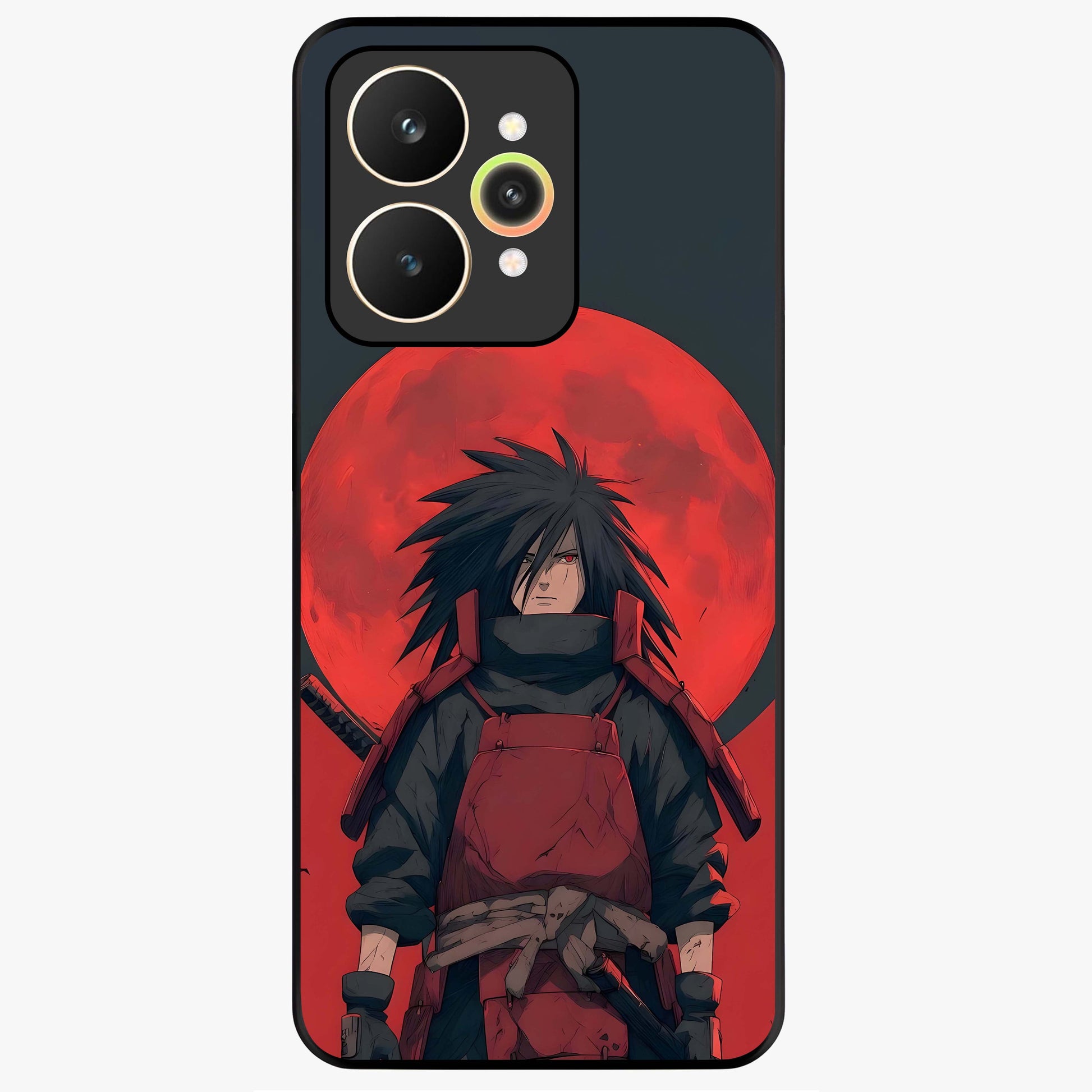Crimson Moon Warlord Glass Case showing flat back view with mystical moon warrior artwork and glossy glass finish.