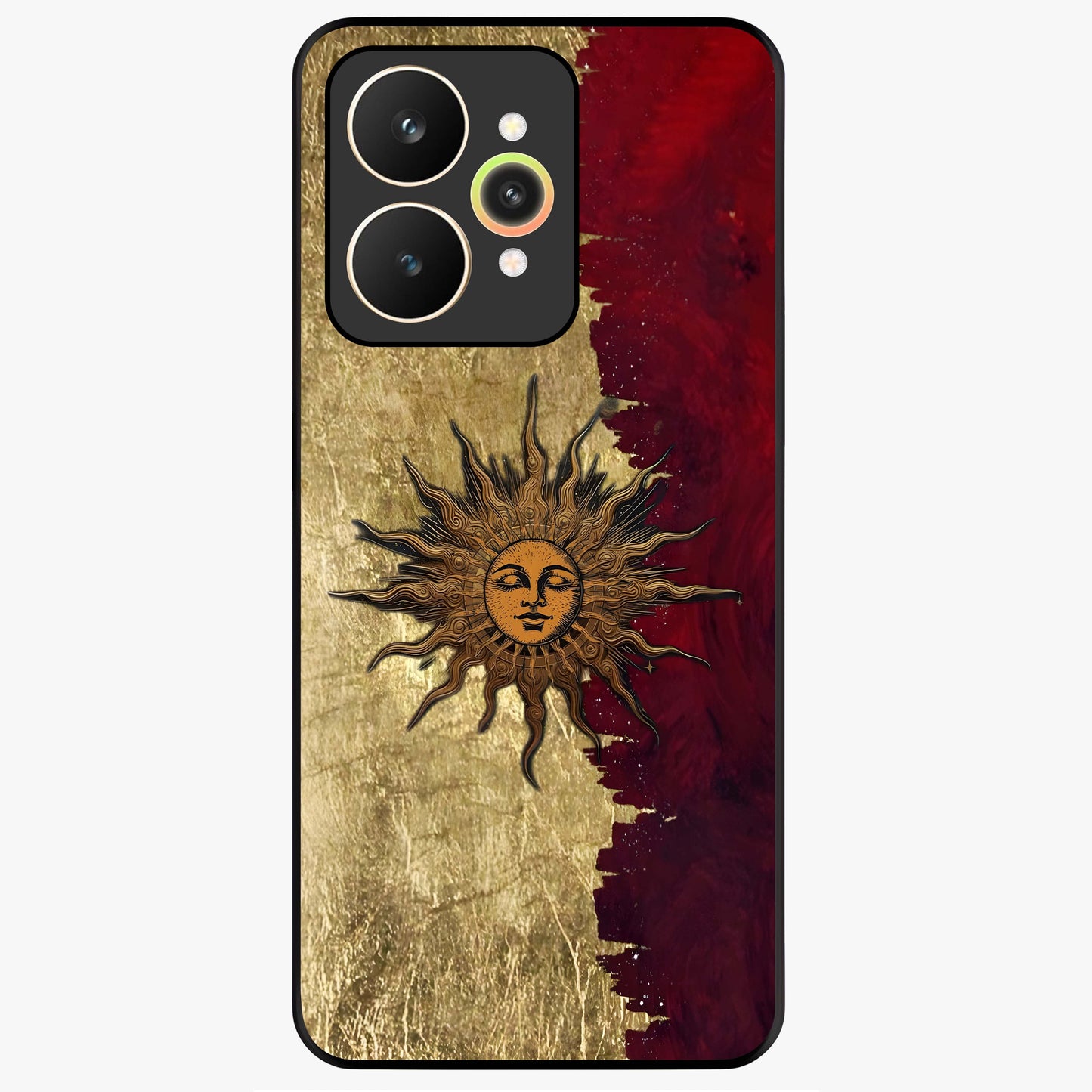Crimson Sun Majesty Glass Case showing flat back view with radiant sun inspired artwork and glossy glass finish.