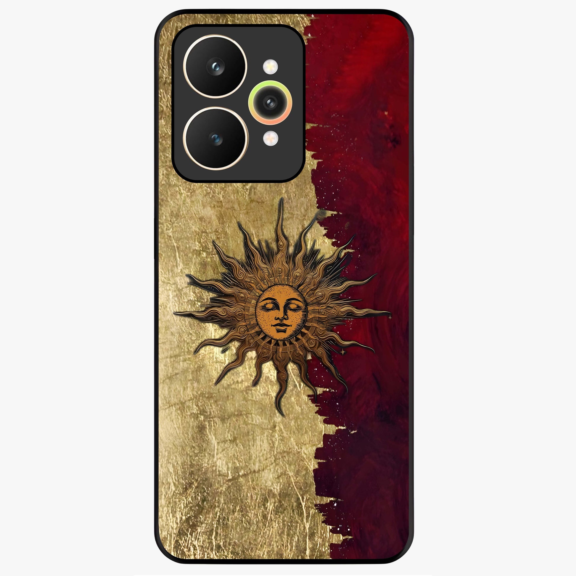 Crimson Sun Majesty Glass Case showing flat back view with radiant sun inspired artwork and glossy glass finish.