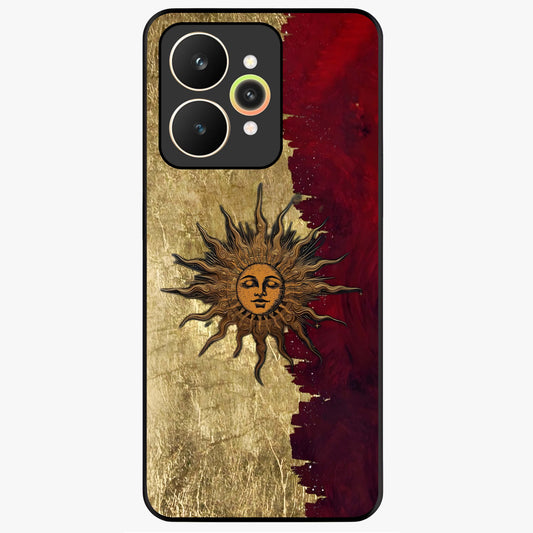 Crimson Sun Majesty Glass Case showing flat back view with radiant sun inspired artwork and glossy glass finish.
