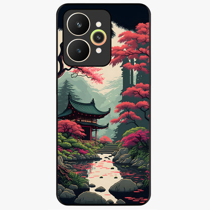 Crimson Temple View Glass Case showing flat back view with temple inspired artwork and glossy glass finish.