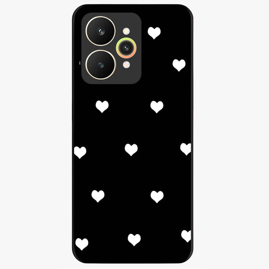 Cute And Simple White Hearts Glass Case showing flat back view with minimal white heart pattern and glossy glass finish.