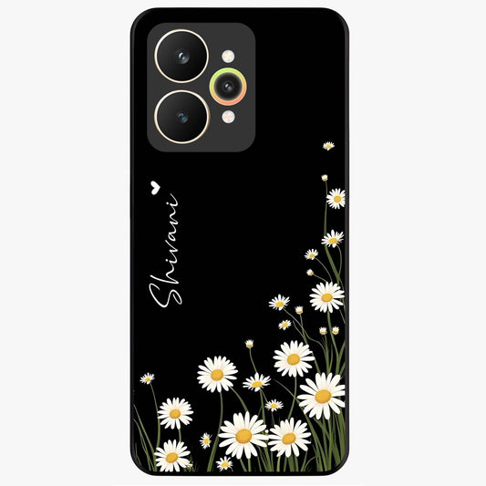 Daisy Cascade Custom Name Glass Case showing flat back view with cascading daisy flowers and personalized name design.