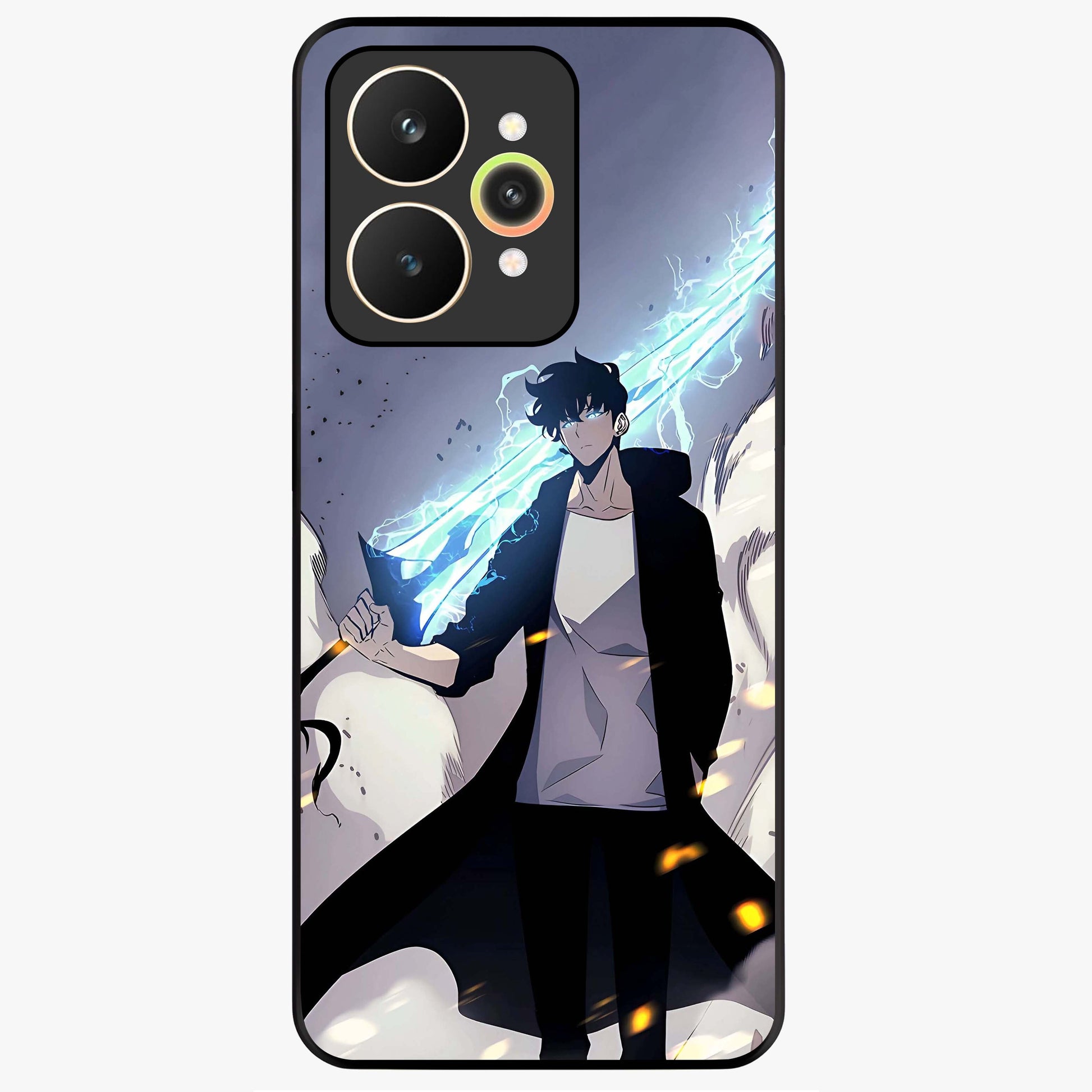 Dark Lightning Anime Warrior Glass Case showing flat back view with intense anime warrior artwork and glossy glass finish.
