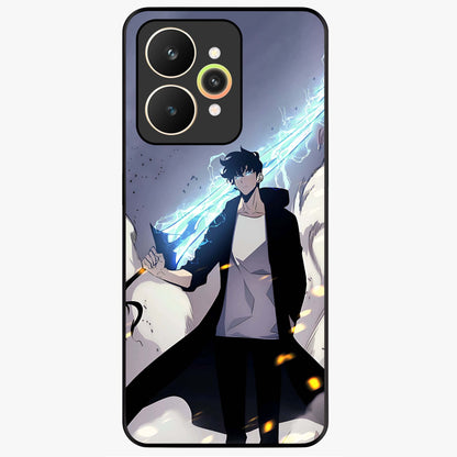 Dark Lightning Anime Warrior Glass Case showing flat back view with intense anime warrior artwork and glossy glass finish.