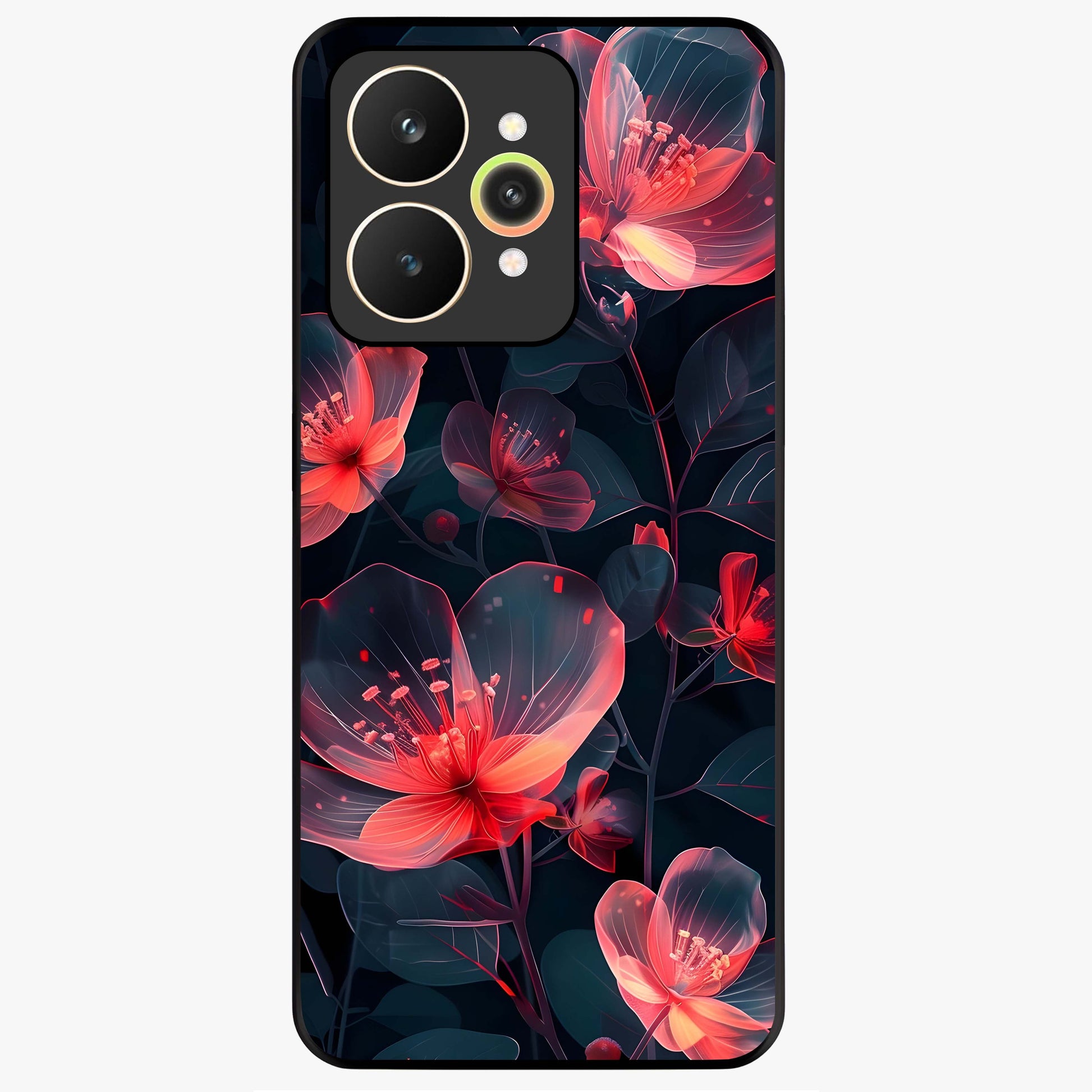 Dark Shade of Flower Glass Case showing flat back view with elegant dark floral artwork and glossy glass finish.