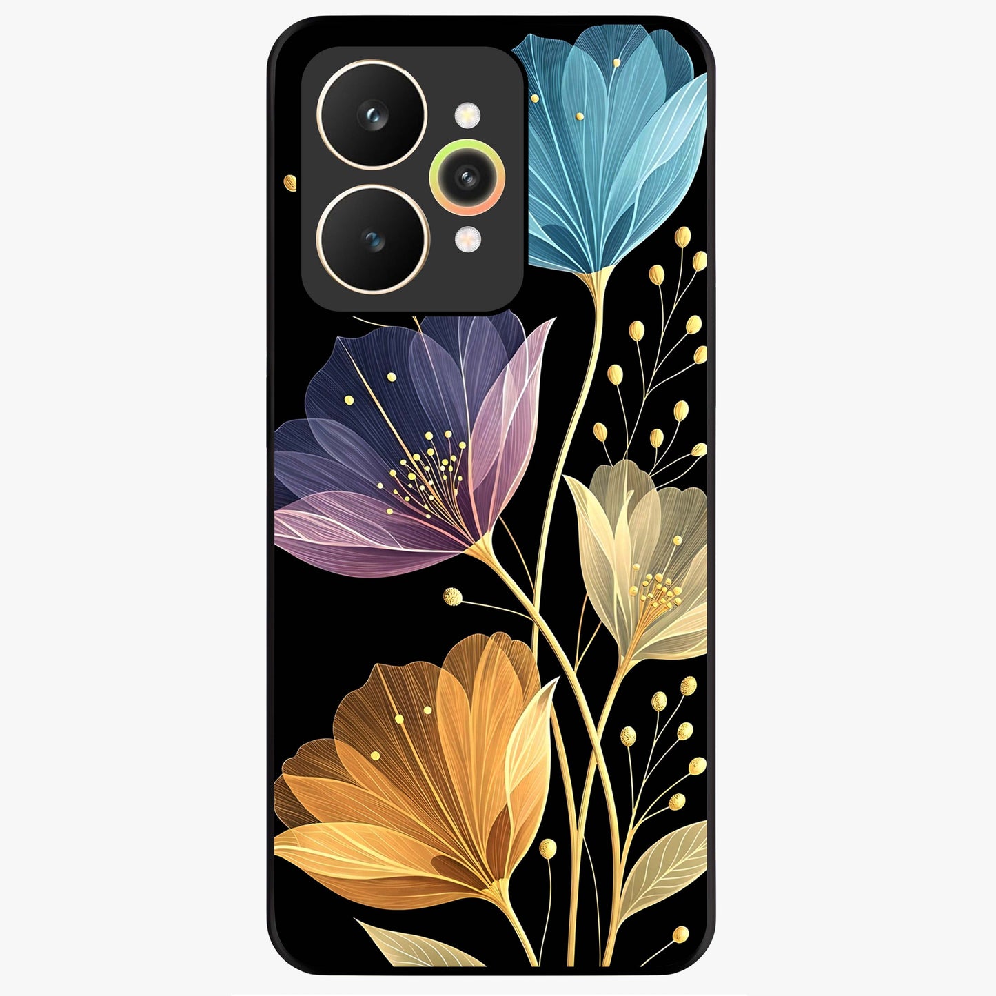 Delicate Multicolor Flowers Glass Case showing flat back view with vibrant floral artwork and glossy glass finish.